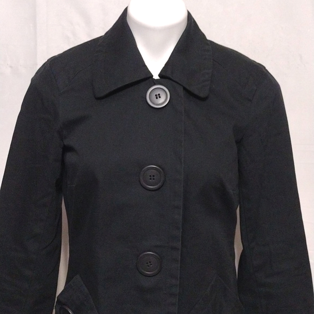 INC Black Cotton Trench Coat Small Lightweight Button Front Spring Fall Jacket - Picture 7 of 16